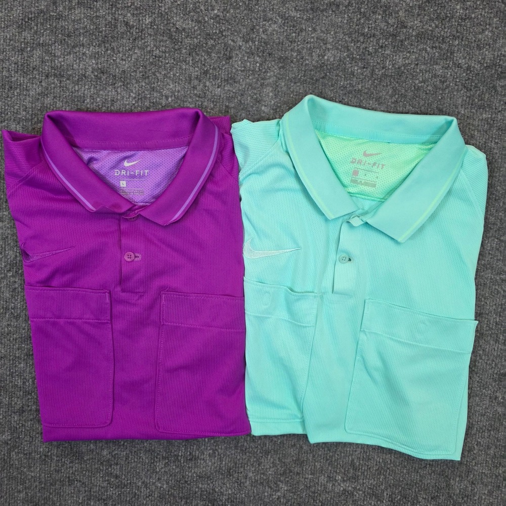 2 Nike Dri-FIT Referee Polo Shirts Mens Large Purple Green Short Sleeve Mesh